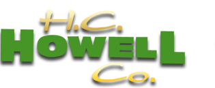 Logo with the text H.C. Howell Co. The words H.C. and Co. are in a yellow script font, while Howell is in bold, green uppercase letters. The background is light gray.
