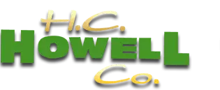 Logo with the text H.C. Howell Co. The words H.C. and Co. are in a yellow script font, while Howell is in bold, green uppercase letters. The background is light gray.